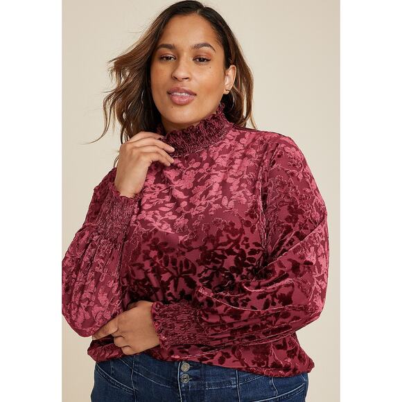 Maurices Plus Size 1X Velvet Floral Burnout Mock Neck Top Red Burgundy - Picture 1 of 6